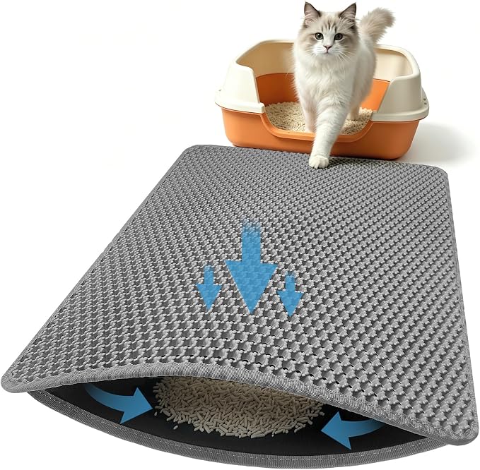 Honeycomb Cat Litter Mat, Double Layer, 23.4"x14.7", Gray | Durable Cat litter box mat, ultra-soft BPA-free non-toxic EVA, non-slip urine-proof base, easy-clean, washable, traps litter by Xuanyaente