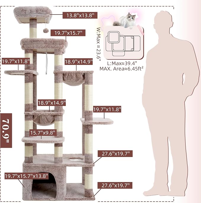 Heybly Cat Tree, 71-Inch Tall Cat Tower for Large Maine Coon Cats HCT037MU | Cat Condo Furniture with Extra-Large Baseboard, Multi-Level Platforms, 2 Hammocks and 12 Scratching Posts, Rosy Brown - Image 7