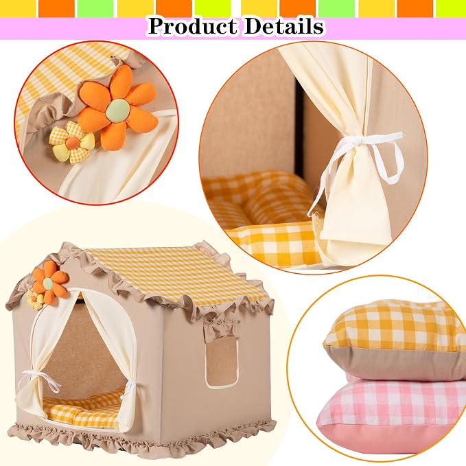 Yellow Indoor Cat House with Frame Foldable Breathable for Small Dog | Princess Style, Washable & Removable Cover, Dog House Indoor, Cute Cat Tent with Cover Cave,Medium:17"x17"x17" for 8-20 lb - Image 5