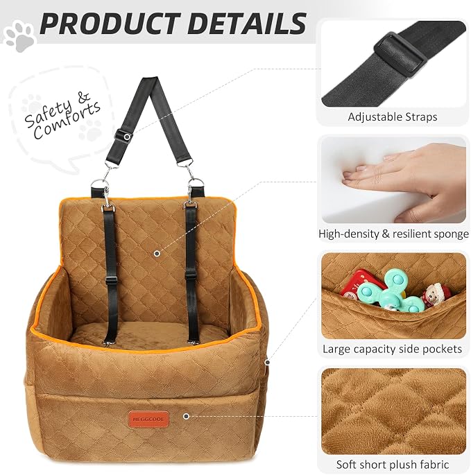 HEGGCOOE Dog Car Seat for Small Medium Dogs, Memory Foam Dog Booster Seats with Thick Cushion for Dogs Under 35lbs, Detachable Washable Pet Car Seat Travel Bed with Storage Pockets,2 Safety Belt - Image 4