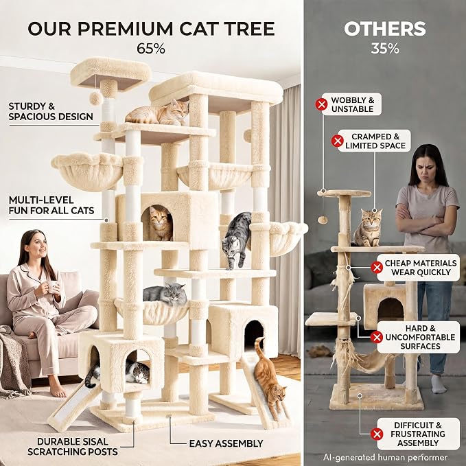 Sha Cerlin 87 in Multi-Level Tall Cat Tree Tower for Large Cats/Extra Wide Feline Activity Center/Sisal Scratching Posts/Wide Base/Cozy Plush Perches/Baskets/Hammocks/Toy Balls/Beige - Image 6