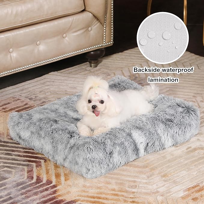 Bedfolks Waterproof Crate Bed, Plush Dog & Cat Bed with Removable Washable Cover, Faux Fur Kennel Pad, 21"x13", Dark Grey - Image 2