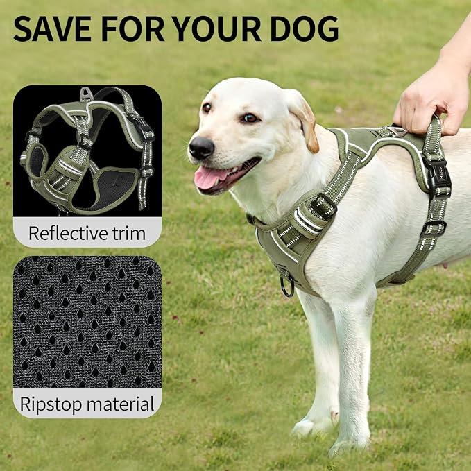 HEELE Dog Harness, Dog Harness for Small Medium Large Dogs No Pull Adjustable Padded Reflective Harness with Handle for Walking Training, Green, S | Soft Breathable Padded Pet Vest, No Pull No Choke, Adjustable 2 Metal Rings for Outdoor Walking Training - Image 3