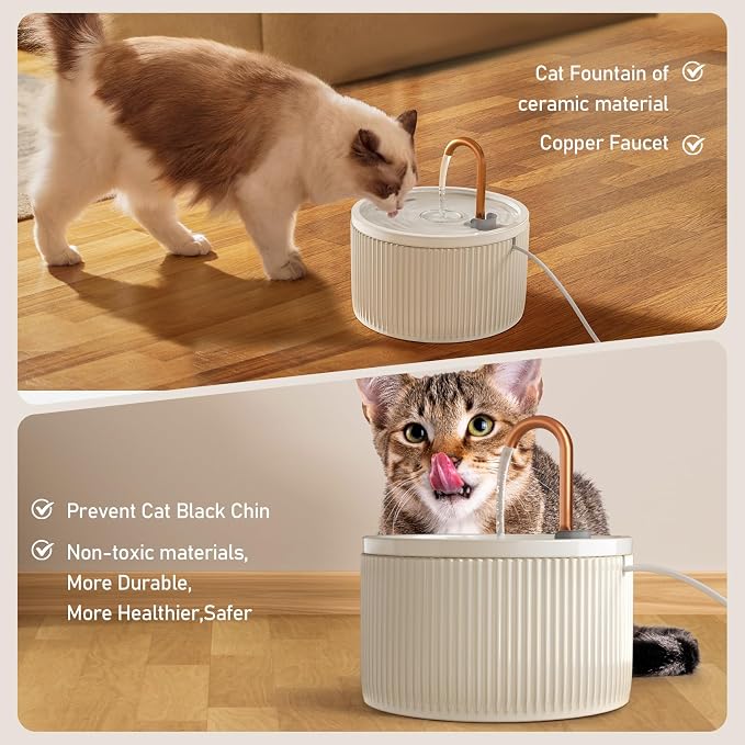 DOOOB Ceramic Cat Water Fountain 2.1L/71oz Ceramic Cat Fountains | Automatic Pet Water Fountain for Cats Pet Water Fountain with Ultra-Quiet Pump and 3 Filters & 3 Sponges (Beige) - Image 4