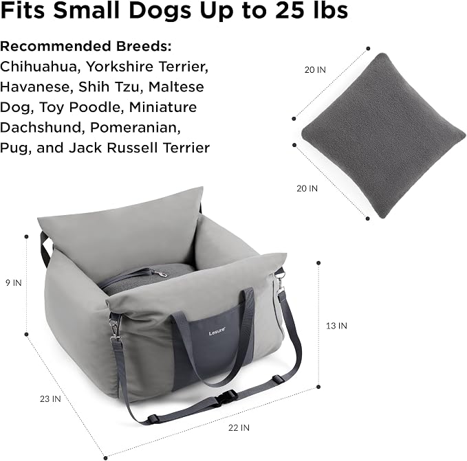 Lesure Small Dog Car Seat for Small Dogs - Soft Dog Booster Seat for Car with Storage Pocket and Clip-On Safety Leash and Thickened Memory Foam Filling, Pet Carseat Travel Carrier Bed, Grey - Image 5