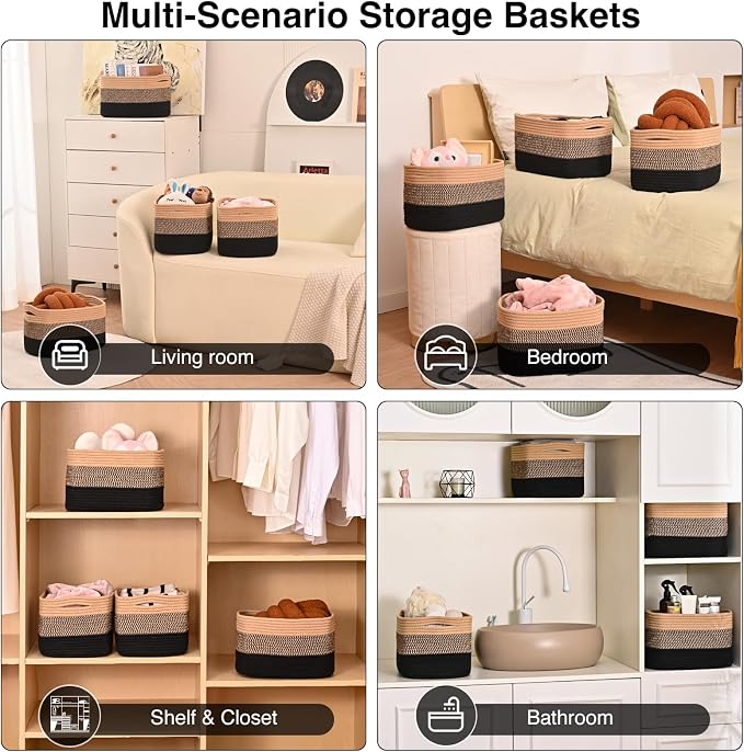 ICERZCZ Storage Baskets for Shelves Organizing, Woven Cotton Rope Baskets for Storage, Book Basket, Towel Basket, 12.5"Lx9.1''Wx7.9''H (4 Packs) Gradient Black & Jute - Image 5
