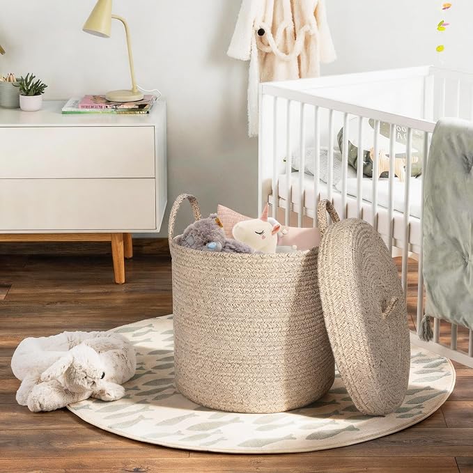 15”x13” Storage Basket with Lid, Blanket Storage for Living Room, Woven Cotton Rope Bin with Cover, Kids Dog Toy Box, Baby Laundry Basket with Lid, Covered Blankets Pillows Holder, Brown - Image 5