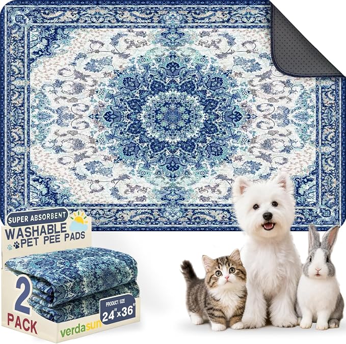 Washable Pee Pads for Dogs 24"x36" 2 Pack Reusable Puppy Potty Pad | Super Absorbent Waterproof NonSlip LeakProof Crate&Playpen Floor Mat for Cats, Rabbits, Guinea Pigs, Whelping & Housebreaking by Verdasun