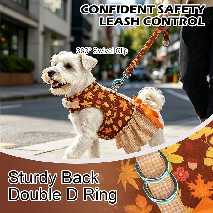 EXPAWLORER Dog Harness Small Medium Sized Dogs, No Choke No Pull Mesh Vest | Fall Dog Dress Bowknot Harness and Leash Set, Cute Princess Puppy Soft Outfits Clothes Costume for Girls Party Cats Brown M - Image 4