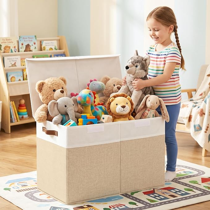 Bagnizer Large Toy Storage Box with Lids, Collapsible Sturdy Baby Storage Organizer Chest Bin Basket for Kids, Boys, Girls, Playroom, Nursery, Bedroom, Closet 25"x13"x16" (Beige and White) - Image 2