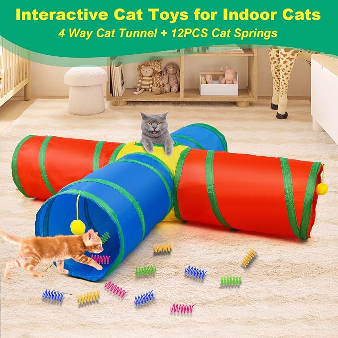 Cat Tunnel 4 Way Collapsible, Interactive Cat Toys for Indoor Cats, 12 PCS Cat Springs Toy Kitten Toys Pack, Large Rainbow Bunny Tunnel Tube with Peephole, Pet Tunnels for Cats Kitty Rabbits - Image 2