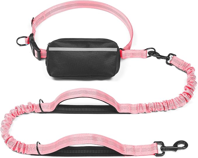 Hands Free Dog Leash with Zipper Pouch, Baby Pink, 8-25 lbs, Medium | Waist Leash, Dual Padded Handles, Shock-Absorbing Bungee, Adjustable Waist Belt, Walking and Running by iYoShop