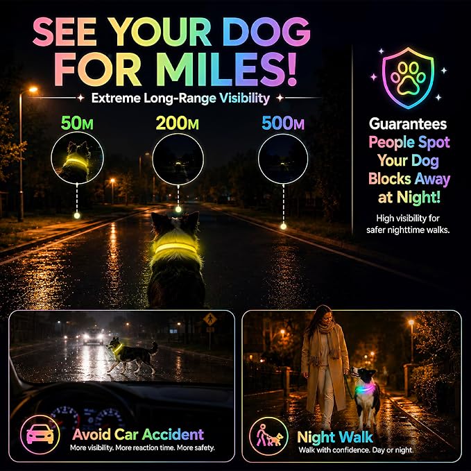 Multicolor LED Dog Collar USB-C Rechargeable, Light Up Dog Collar, Rainbow Gradient Glowing Dog Collar with 4 Light Modes, Adjustable Candy Mesh Pet Collar(Yellow, Small) - Image 3