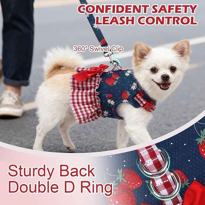 EXPAWLORER Dog Harness Small Medium Sized Dogs, No Choke No Pull Mesh Vest | Strawberry Dog Dress Bowknot Harness & Leash Set Soft Cute Princess Puppy Outfits Clothes Costume for Girls Party Cats Navy M - Image 3