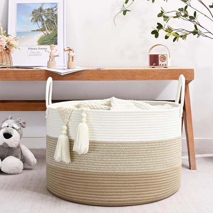 67L Large Woven Blanket Basket, Cotton Rope Baby Laundry Hamper with Handles, Kids Toy Basket for Classroom & Nursery, Soft Round Stuffed Animal Storage, Dog Toy Bin - 20"x13", Gradient Brown - Image 2