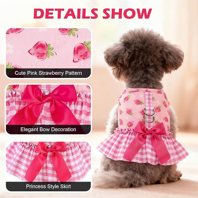 EXPAWLORER Dog Harness Small Medium Sized Dogs, No Choke No Pull Mesh Vest | Strawberry Dog Dress Bowknot Harness and Leash Set Soft Cute Princess Puppy Outfits Clothes Costume for Girl Party Cat Pink M - Image 2
