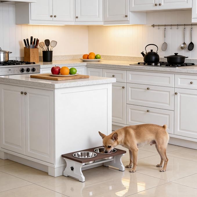 Piskyet Elevated Dog Bowls,Dog Bowl Stand, 3.5Cups6''H_30 oz Bowl-Farmhouse | Farmhouse Dog Bowls Stand, Raised Dog Bowl with 2 Stainless Steel Wooden Dogs Bowls for Small Size Dogs - Image 4