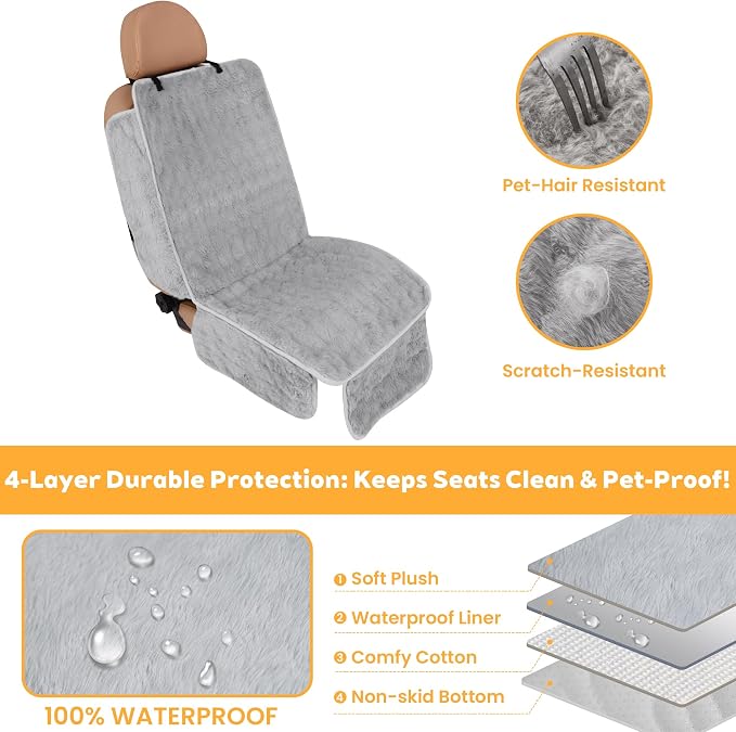 Dog Car Seat Cover, Waterproof Plush Pet Seat Protector, Gray, Front Seat | Faux rabbit fur, waterproof layer, non-slip silicone backing, side flaps, machine washable, fits most cars and SUVs - Image 3