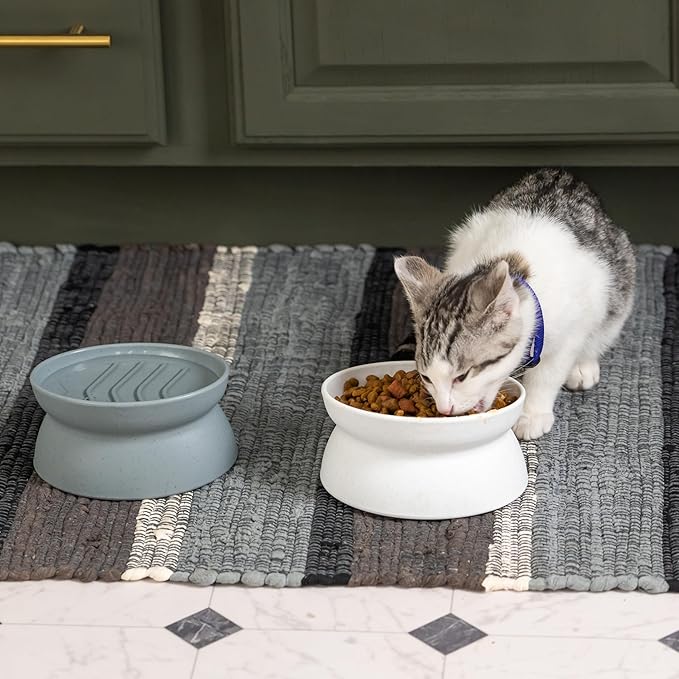 Kitty City Elevated Slow Feeder Cat Bowls (Set of 2), Whisker-Friendly Raised Cat Food Dishes with Ridges, Helps Reduce Fast Eating & Digestion Issues, Dishwasher Safe, 6.5 oz – White & Gray - Image 4