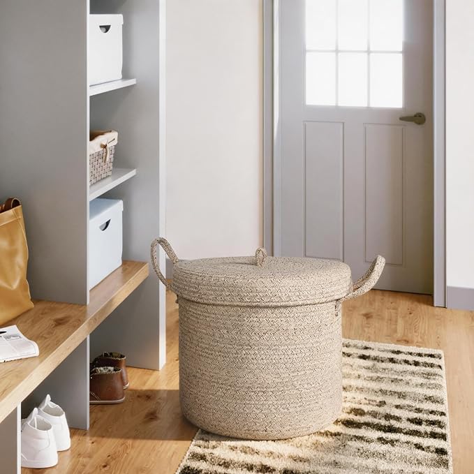 15”x13” Storage Basket with Lid, Blanket Storage for Living Room, Woven Cotton Rope Bin with Cover, Kids Dog Toy Box, Baby Laundry Basket with Lid, Covered Blankets Pillows Holder, Brown - Image 3