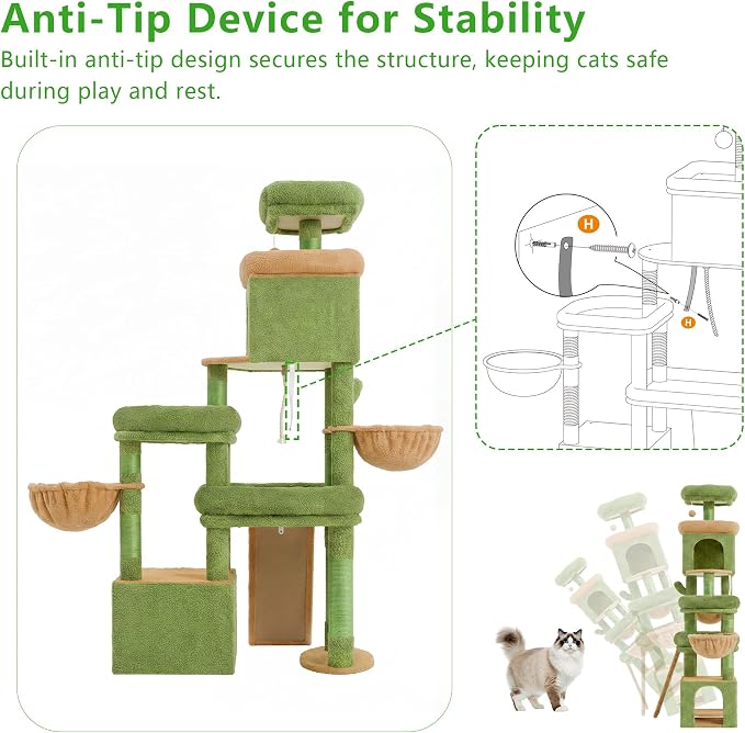 Heybly Cat Tree 72.4-Inch Anti-Tip Cat Tower with Spacious Perches HCT060GY | All-in-One Cat Furniture for Large Cats, Multiple Interactive Areas, Extra-Large Sisal Scratching Board, Green and Yellow - Image 6