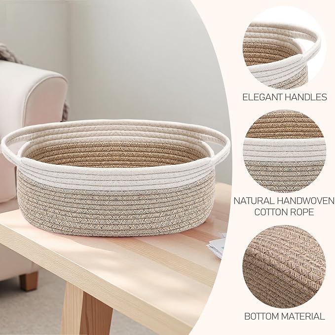 JMvicyroam Small Woven Basket, Empty Gift Basket, White&Oatmeal/2 Pack | Small Gift Basket, Cotton Rope, 12 x 8 x 73 in, Handles, Includes Ribbon and Bag, Birthday Gift Basket - Image 3