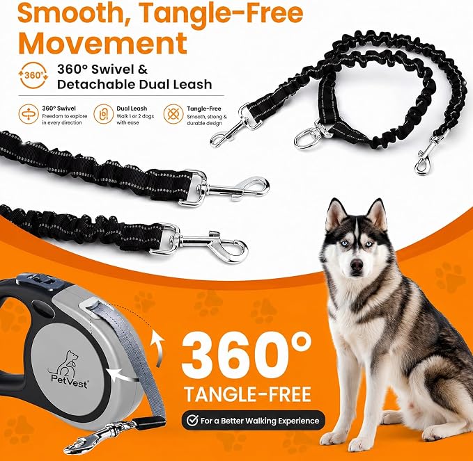 Dual Retractable Dog Leash,10 FT Tangle-Free Leash for 2 Dogs, Detachable for Single Use,One-Button Brake & Lock, Up to 44 lbs Each, 360° Swivel, Non-Slip Handle + Poop Bag Holder (Grey) - Image 3