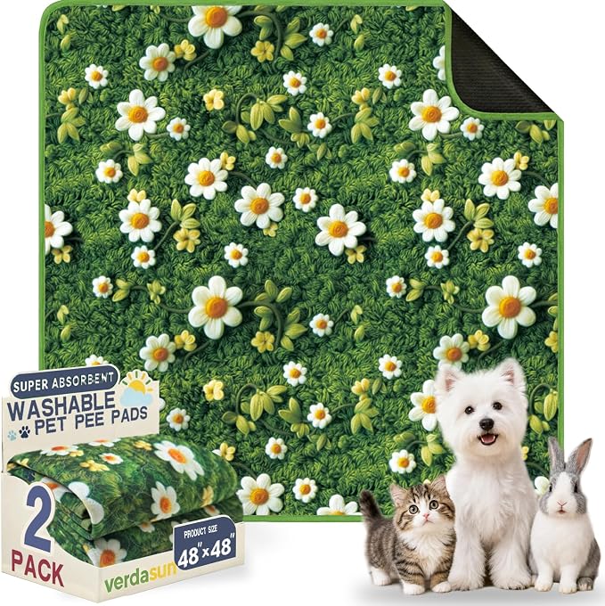 Washable Pee Pads for Dogs, Reusable Puppy Potty Training Pads, Ultra-Absorbent Thick Waterproof Leak-Proof Non-Slip Pads & Mat for Crate, Playpen, Floor, Whelping & Housebreaking , 2 Pack 48"x48" by Verdasun