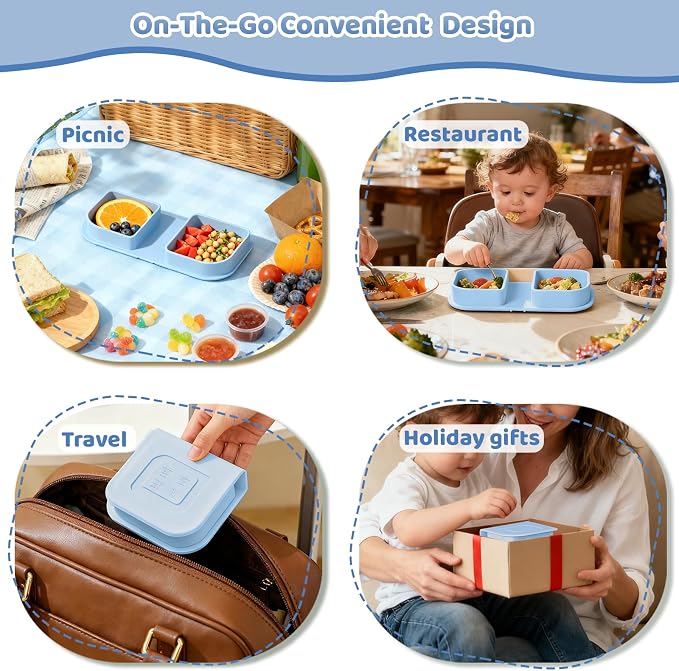 Blue Silicone Foldable Feeding Set, Travel Baby Feeding Supplies Including Toddler Plates, Silicone Baby Spoon&Fork, Adjustable Foldable Bib, Portable Infant Toddler Utensils - Image 7