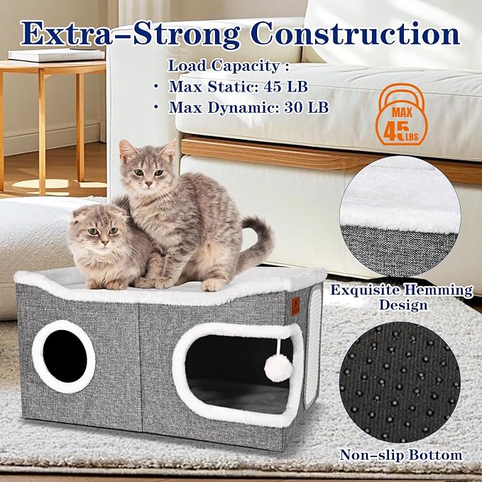 Extra Large Cat Beds for Indoor Cats, Covered Cat Cave Beds & Furniture with Scratch Pad and Fluffy Ball, Foldable Cat Condo Hideaway with Reversible Cushion for Multi Small Pet Large Kittens, Grey - Image 3