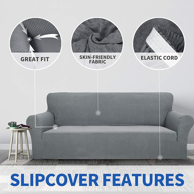 ZNSAYOTX 1 Piece Jacquard Couch Covers for 2 Cushion Couch High Stretch Loveseat Slipcover for Pets Dogs Anti Slip Love Seat Sofa Slipcover Furniture Protector (Loveseat, Light Grey) - Image 3