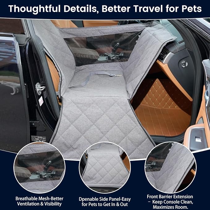 Front Seat Dog Car Seat for Small/Medium Dogs with Door Protection – Full Coverage Waterproof Pet Booster Seat with Mesh Window, Zippered Side Flaps, Safety Buckle, Grey Linen Fabric - Image 7
