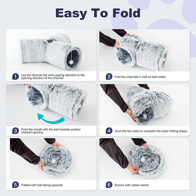 Tempcore Plush Cat Tunnel for Indoor Cats, 3 Way Collapsible Pet Play Tunnel with Teaser Wand, Peek Holes & Hanging Ball, Interactive Tube for Kittens & Rabbits, Light Grey - Image 9