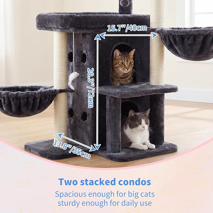 Heybly Cat Tree with Reinforced Big Base, 41.3 in Sturdy Cat Tower HCT075G | Indoor Cat Furniture Featuring 2 Roomy Platforms, Double Condos, 2 Cozy Baskets, Full Sisal Scratching Posts, Smoky Gray - Image 3