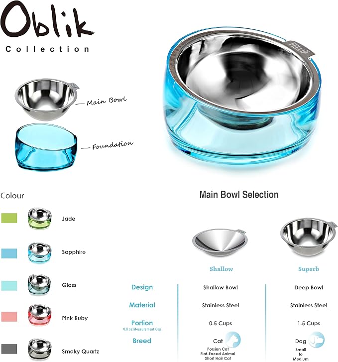 Felli Pet Oblik Acrylic Raised Dog Food Water Bowl Stainless Steel Slanted Oval Dish for Short Leg Puppy & Small Medium Pet, Elevated Tilted Metal Feeder (Sapphire, 1.5 Cups Oval Dish) - Image 8