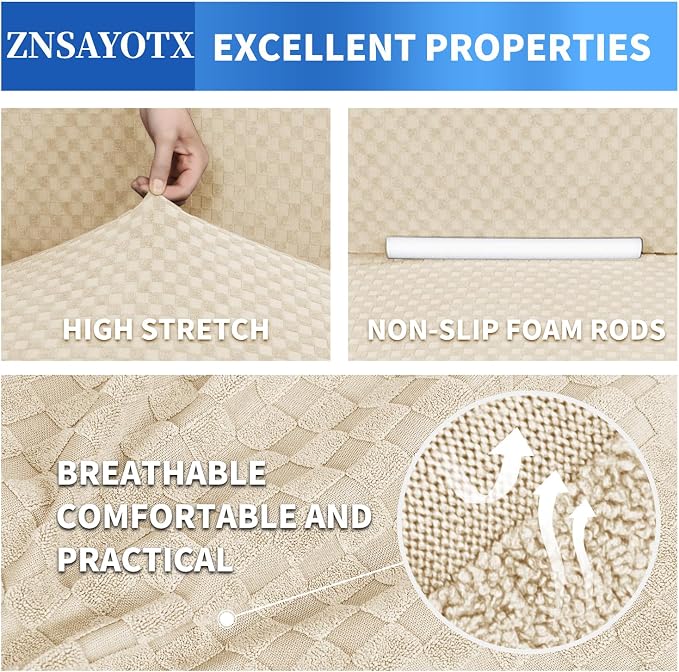 ZNSAYOTX 1 Piece Jacquard Couch Covers for 2 Cushion Couch High Stretch Loveseat Slipcover for Pets Dogs Anti Slip Love Seat Sofa Slipcover Furniture Protector (Loveseat, Light Beige) - Image 4