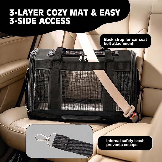 Extra-Large Cat Carrier, Soft-Sided Collapsible Pet Carrier up to 22 lbs | Dog Carrier with Breathable Mesh, Spacious Interior for Big/Medium Cats and Small Dogs, Car Travel Vet Visit - Image 7