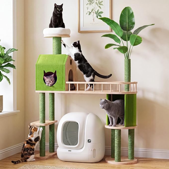 Wood Cat Tower for Self-Cleaning Litter Box, with Faux Plant, 58In | Multi-Level Cat Tree for Adult Large Cats, with Cozy Plush Bed, House, Scratching Posts, Cat Furniture for Indoor Cats, Green by Homiflex