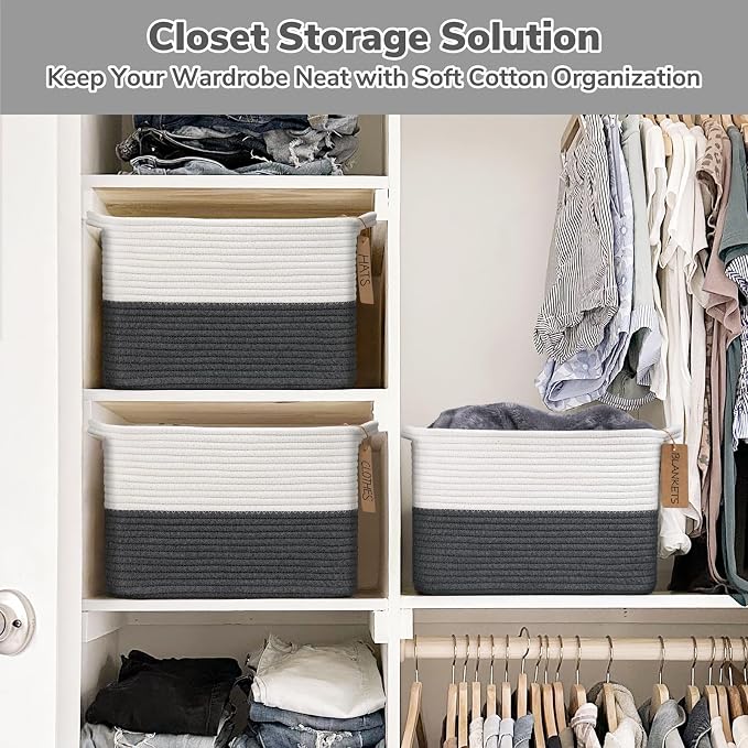 Goodpick Woven Rope Storage Basket for Shelves, Rectangle, Dark Gray | 13" × 10" × 9" Stylish Gift Basket for Home Decor, Cotton Rope Baskets for Baby Toys, Books & Towels Storage, Writable Label - Image 6