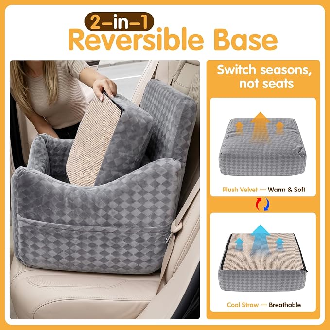 Topmart Dog Car Seat for Small Medium Dogs Under 35lbs, Cozy Pet Seat | Foam Safety Dog Booster Seat for Back Seat, Pet Bed for Car with Safety Tether, Storage Pockets, Machine Washable Cover, Grey - Image 4