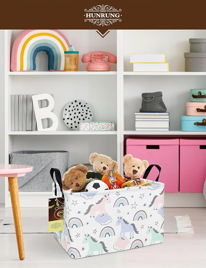 Rectangle Canvas Foldable Storage Basket for Nursery, Star Unicorn | Portable and collapsible cloth receptacle. Stores pet essentials, daily use items - Image 5