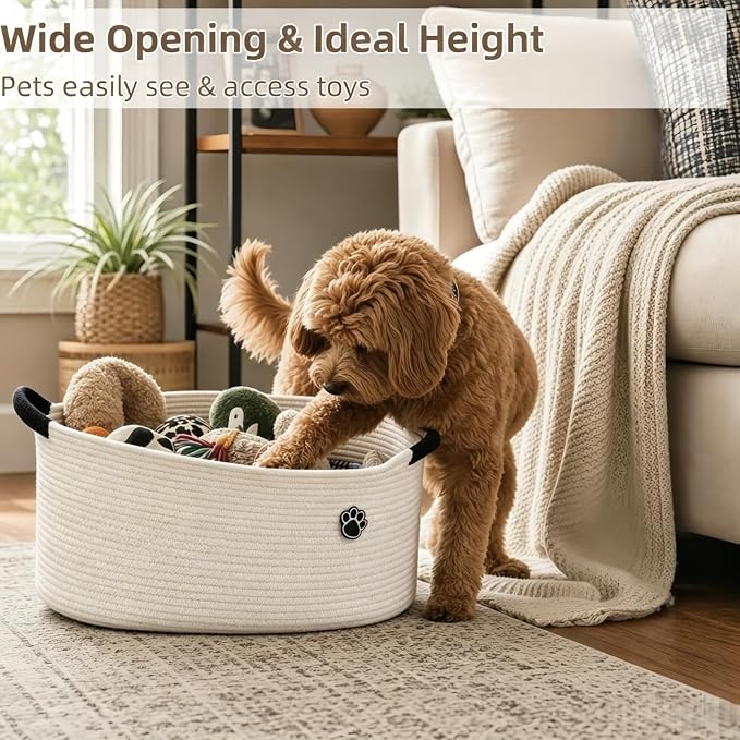 Optish 40L Extra Larg Dog Toy Basket, Woven Storage Baskets with Handles | 20" x 14" x 9" XL Toy Storage Box and Bin with Handles for Living Room, Bedroom Organization, Foldable, Durable, Home Decor - Image 4