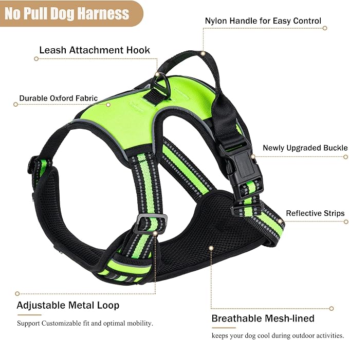 No Pull Dog Harness, Adjustable Reflective Front Clip Pet Vest with Easy Control Handle for Medium Large Dogs (Green,L) - Image 2