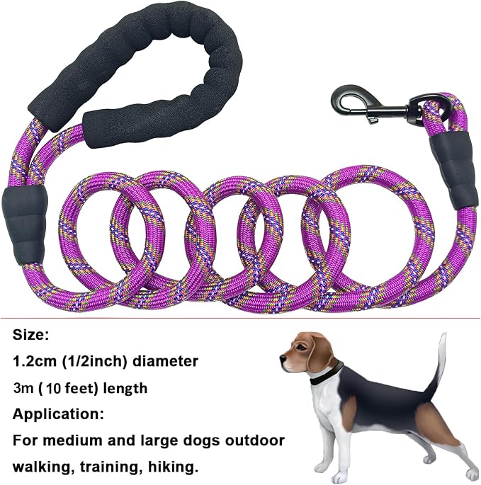 MayPaw Heavy Duty Rope Dog Leash, 6/8/10/15/20/30FT Long Nylon Pet Leash, Soft Padded Handle Thick Lead Leashes for Large Medium Dogs (Purple, 1/2" * 10') - Image 5