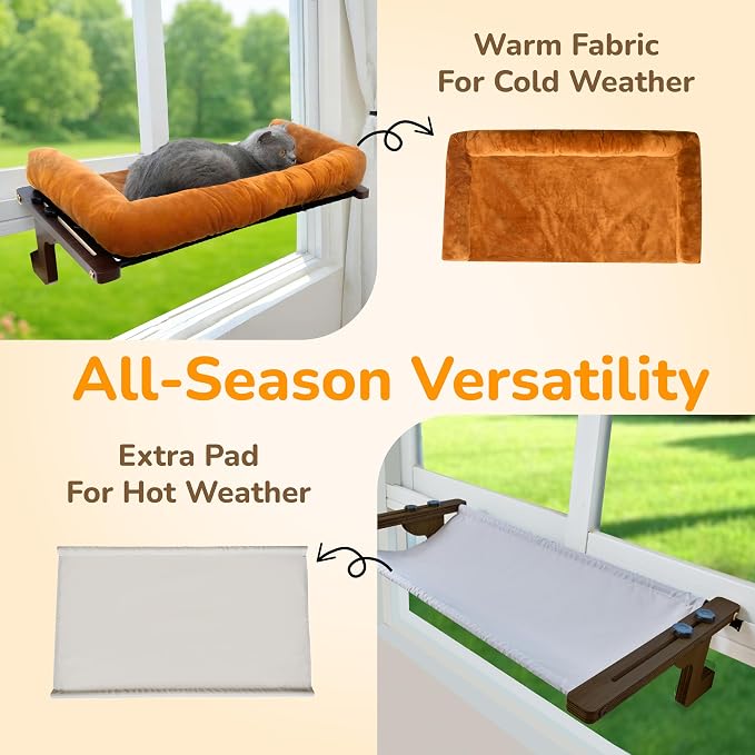 [Ready to Gift] PURRHOUSE 45LBS Cat Window Perch with Bolster, Hammock Seat with Plywood & Metal Frame, Cat Bed for Windowsill, Bedside and Cabinet (Walnut Wood & Brown Cushion, 24.8''W x 9.4''H) - Image 6