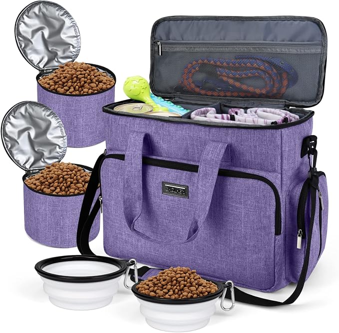 BAGLHER Dog Travel Bag, Airline Approved Pet Tote Organizer with Multi-Function Pockets, 2 X Food Storage Containers and 2 X Collapsible Bowls, Perfect Weekend Pet Travel Set for Dog, Cat Purple by BAGLHER