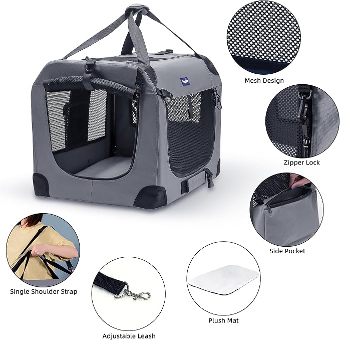 Petprsco Portable Collapsible Dog Crate, 24" Soft Dog Crate for Car Travel | Includes Mat, Blanket & Bowl, Strong Fabric, 4-sided Mesh Vents, 3 Doors, Fit Small Dogs & Large Cats Indoor and Outdoor Use - Image 3