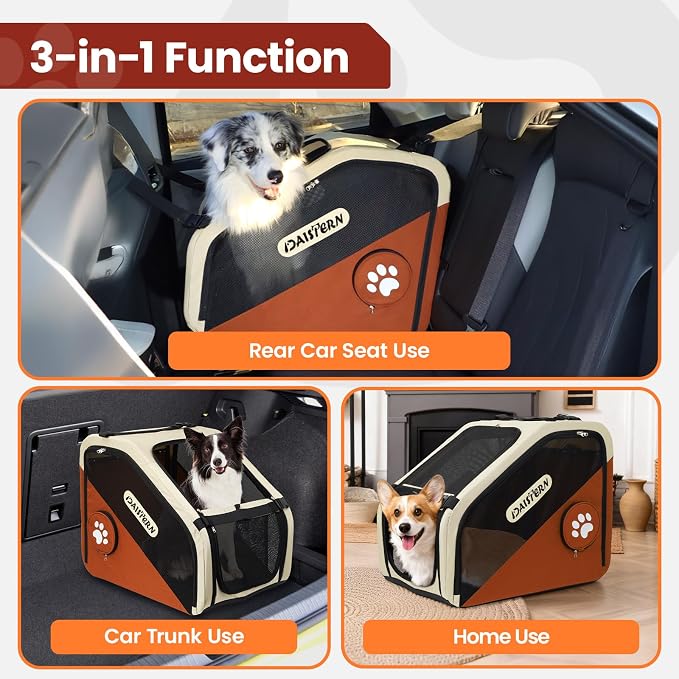Collapsible Dog Crate for Travel, Portable Pet Crate for Small & Large Dogs, Soft-Sided Car Kennel with Heavy-Duty Metal Frame, Mesh Windows, Feeding/Comfort Access for Backseat Trunk Brown​ - Image 8