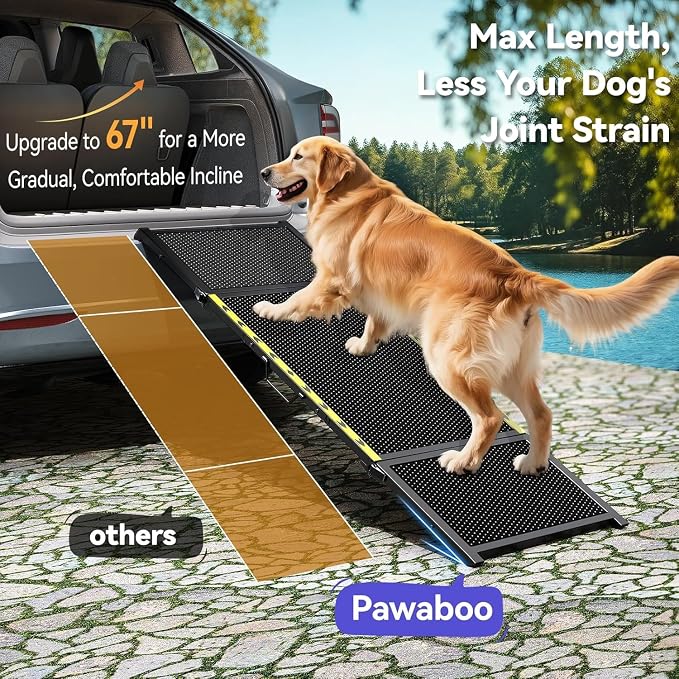 Pawaboo 67" L & 20" W Longest Dog Ramp for Car Foldable, Up to 200 LBS | Extra Wide Portable Pet Dog Ramps for Large Dogs, Dog Car Ramp for SUV/Truck/RV/Bed, Lightweight Ramps with Non-Slip Mesh, Bl - Image 9
