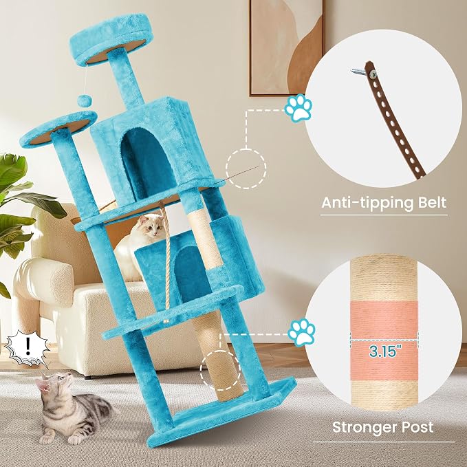 57inch Large Cat Tree Tower Condo for Indoor Cats, Soft Plush Multi-Level Climbing Tree Cat House with Cat Cave, Scratching Post, More Entrance/Exit, Sisal Rope, Light Blue - Image 4